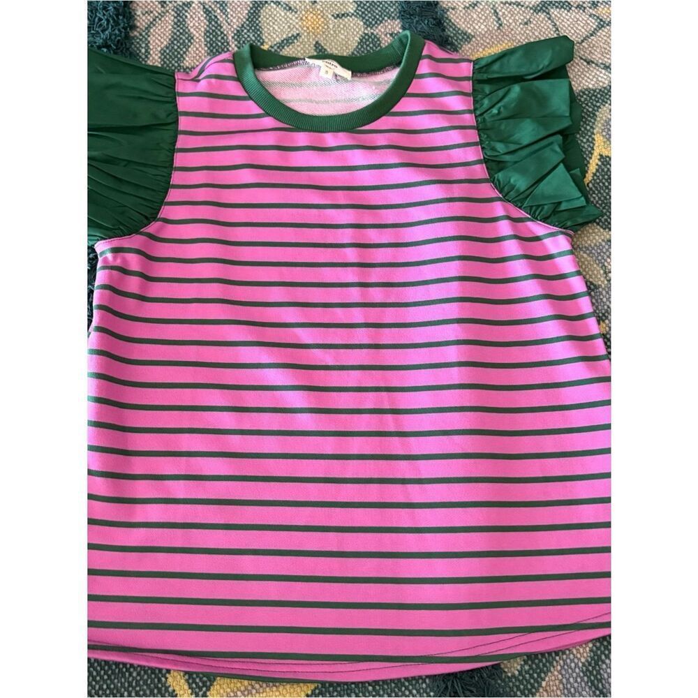 Anthropologie Entro Pink and Green Ruffle Sleeve Striped Shirt Small